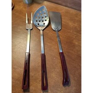 13" Maroon Acrylic Handles Stanhome 1Spatula 1Spoon Strainer 1fork Set Vintage